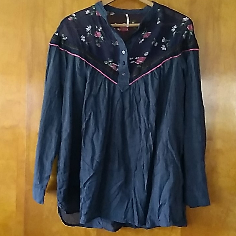 Free People Pinstripe/Floral Button Neck Blouse